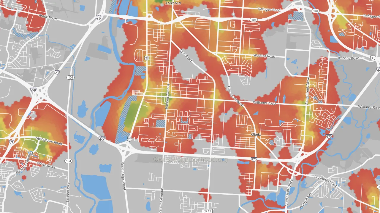 Walk Grade map of Far South, Columbus, OH, walkable areas in green and car-dependent areas in red