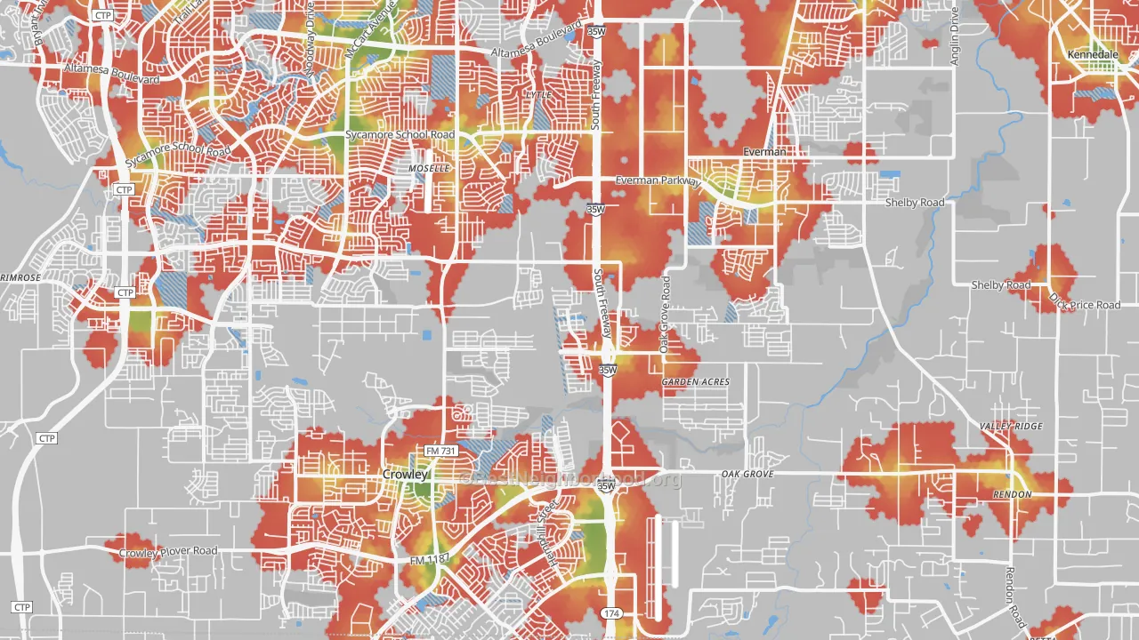 Walk Grade map of Far South, Fort Worth, TX, walkable areas in green and car-dependent areas in red