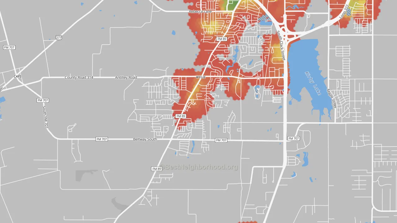 Walk Grade map of Far Southside, Abilene, TX, walkable areas in green and car-dependent areas in red