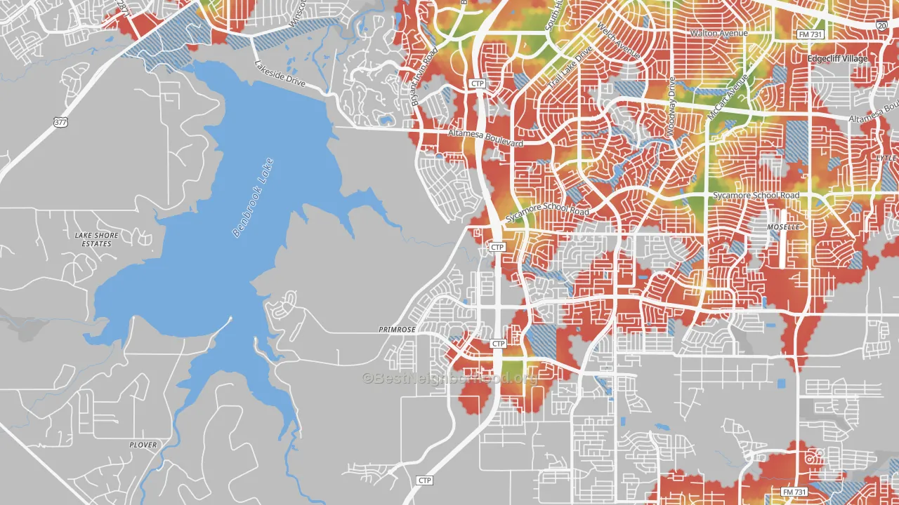 Walk Grade map of Far Southwest, Fort Worth, TX, walkable areas in green and car-dependent areas in red