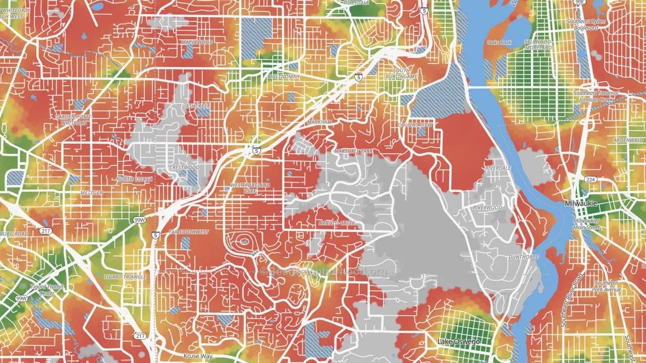 Walk Grade map of Far Southwest, Portland, OR, walkable areas in green and car-dependent areas in red