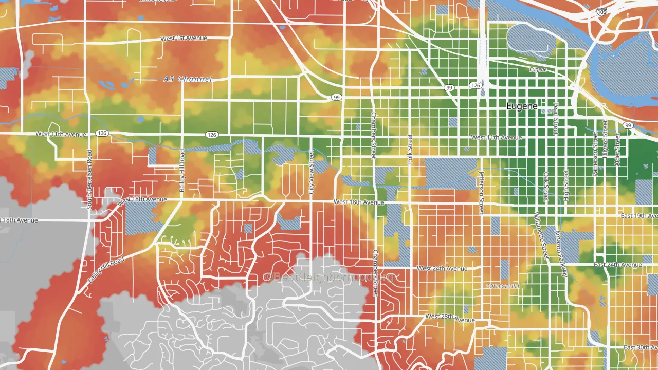 Walk Grade map of Far West Eugene, Eugene, OR, walkable areas in green and car-dependent areas in red