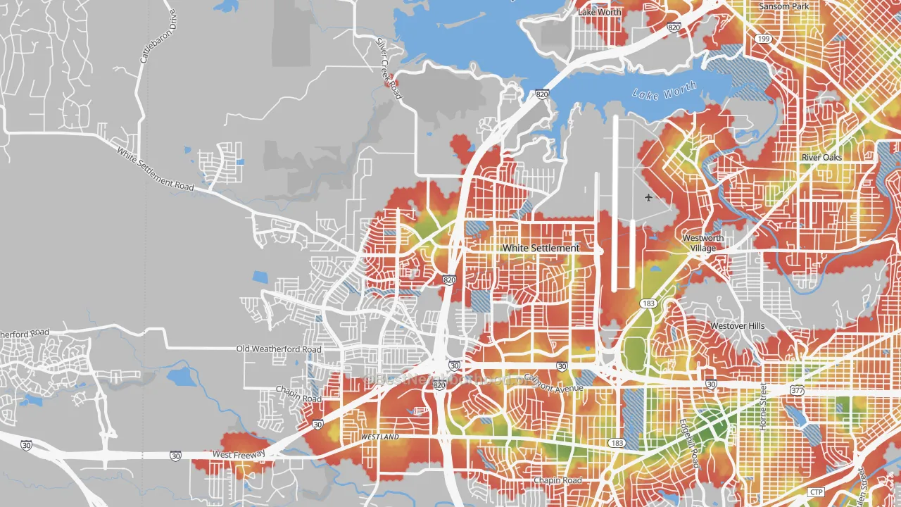 Walk Grade map of Far West, Fort Worth, TX, walkable areas in green and car-dependent areas in red