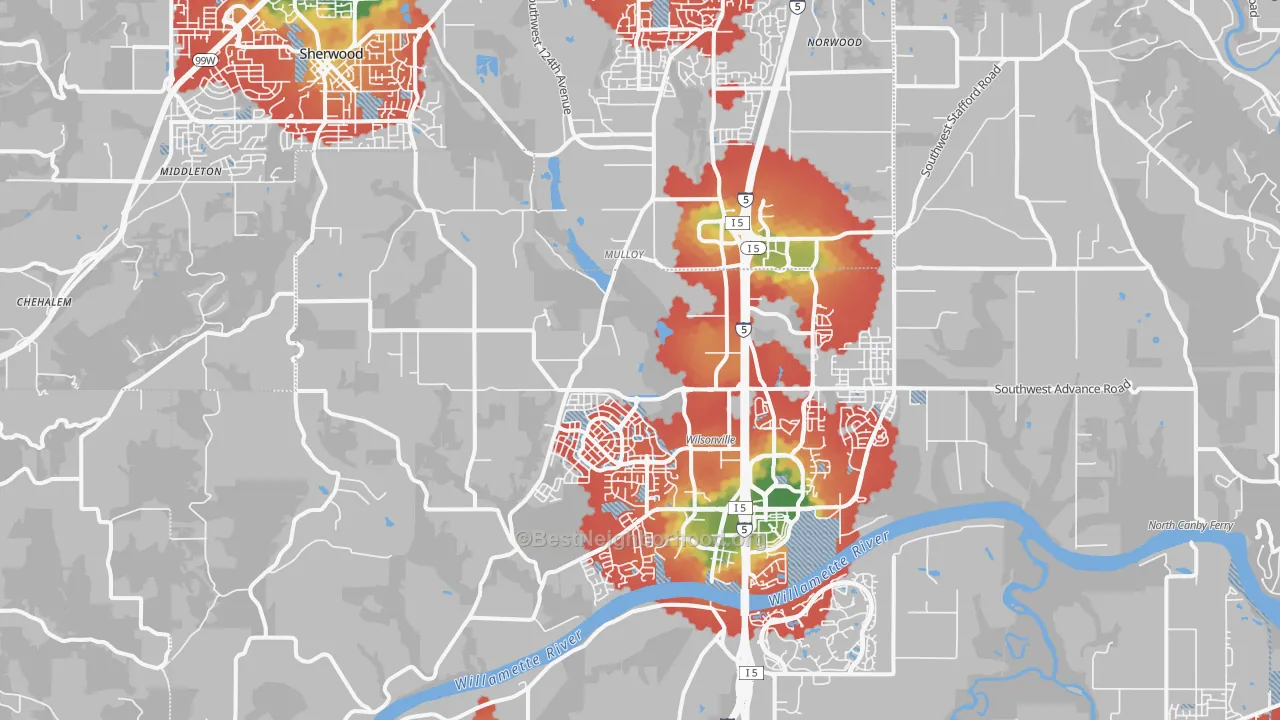 Walk Grade map of Far West, Wilsonville, OR, walkable areas in green and car-dependent areas in red