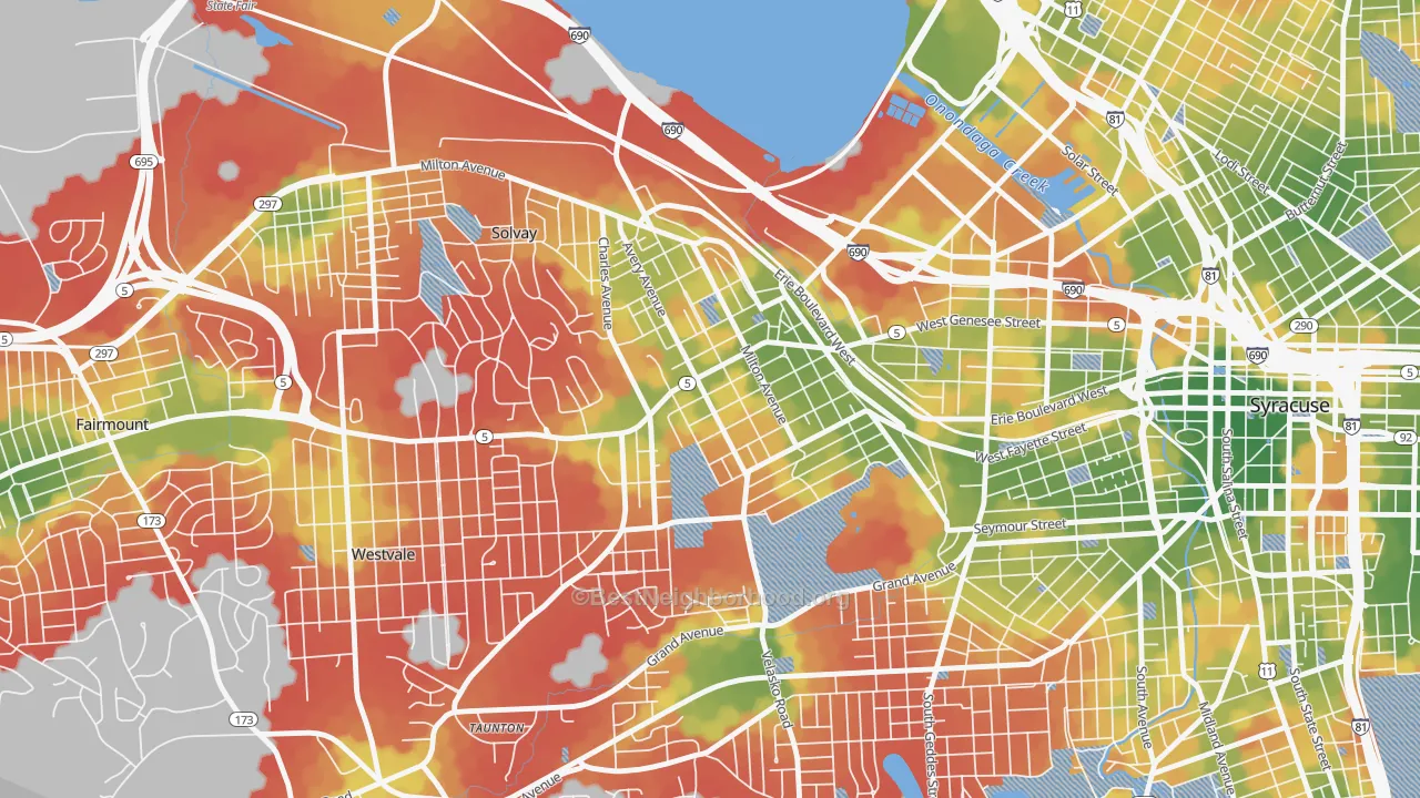 Walk Grade map of Far Westside, Syracuse, NY, walkable areas in green and car-dependent areas in red