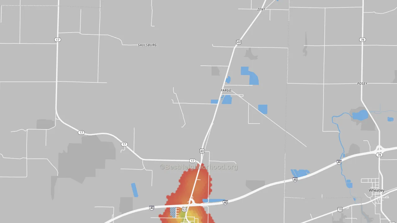 Walk Grade map of Fargo, AR, walkable areas in green and car-dependent areas in red