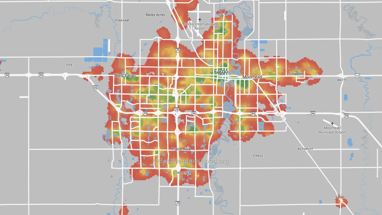 Walk Grade map of Fargo, ND, walkable areas in green and car-dependent areas in red