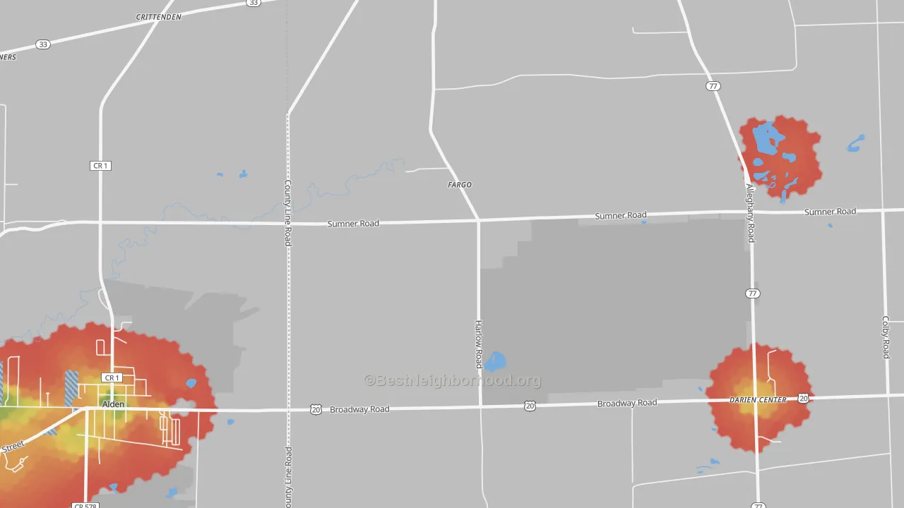 Walk Grade map of Fargo, NY, walkable areas in green and car-dependent areas in red
