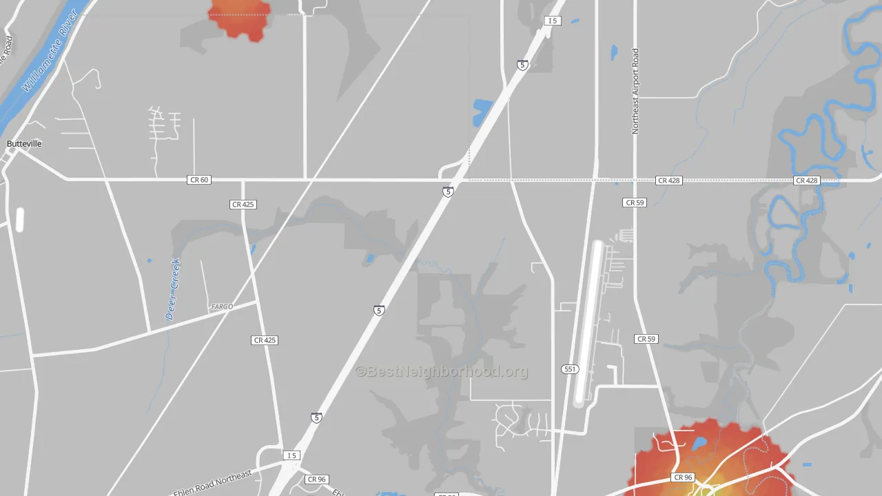 Walk Grade map of Fargo, OR, walkable areas in green and car-dependent areas in red