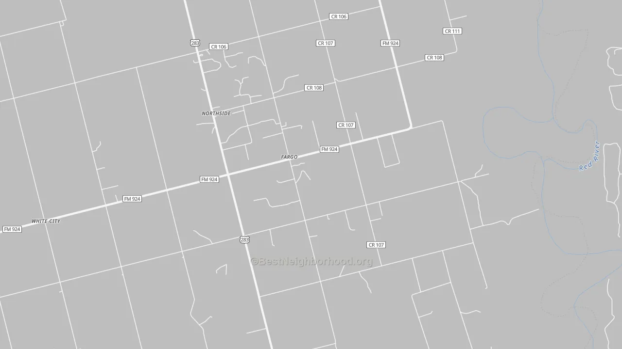 Walk Grade map of Fargo, TX, walkable areas in green and car-dependent areas in red