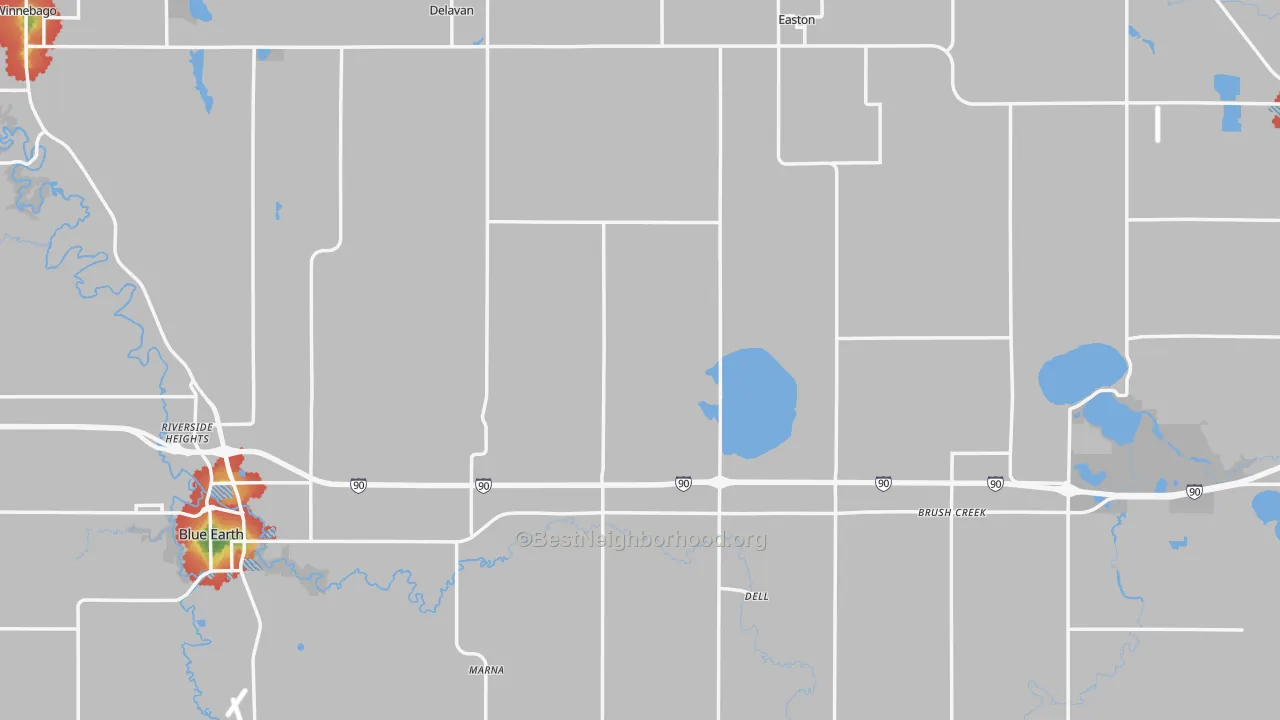 Walk Grade map of Faribault County, MN, walkable areas in green and car-dependent areas in red