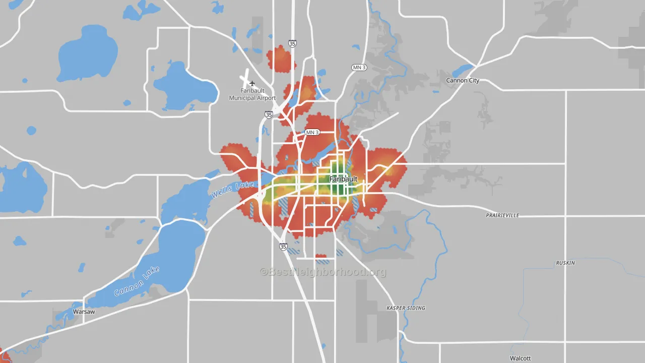 Walk Grade map of Faribault, MN, walkable areas in green and car-dependent areas in red