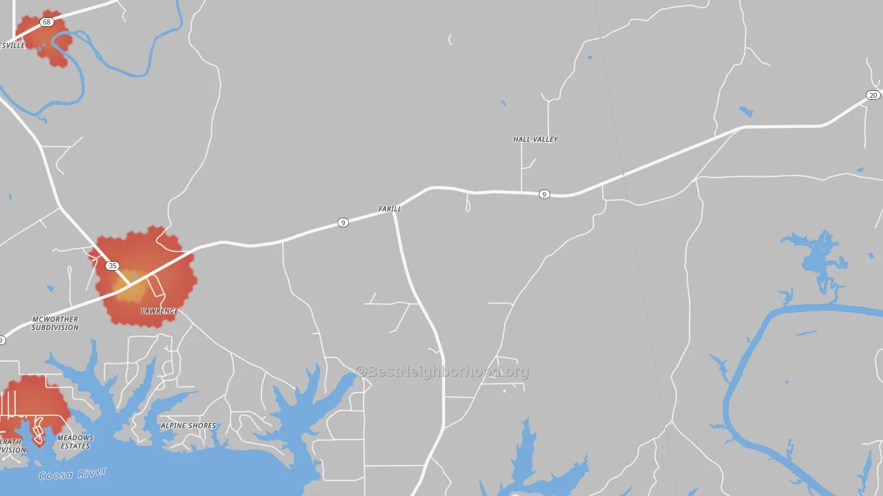 Walk Grade map of Farill, AL, walkable areas in green and car-dependent areas in red