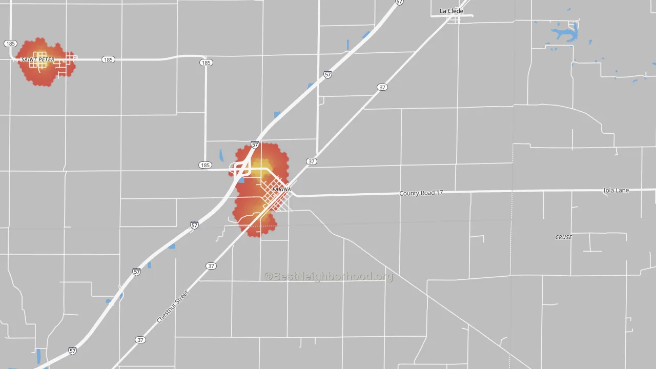 Walk Grade map of Farina, IL, walkable areas in green and car-dependent areas in red