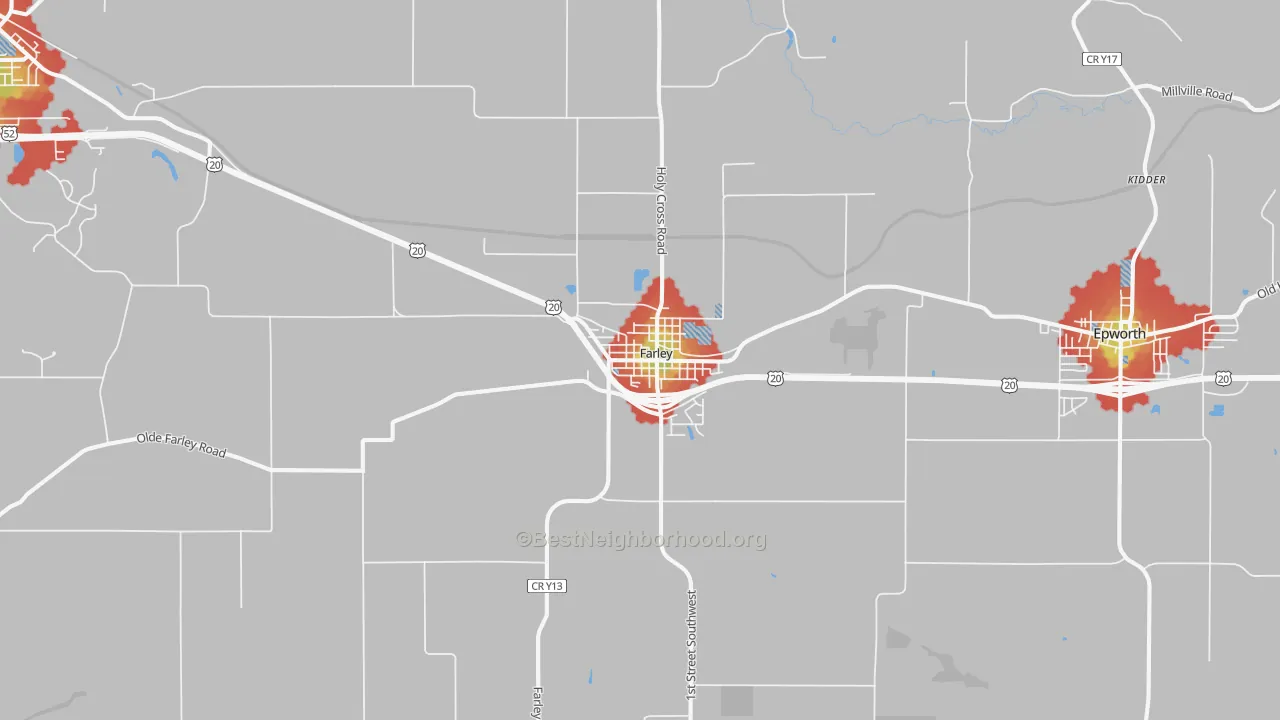 Walk Grade map of Farley, IA, walkable areas in green and car-dependent areas in red