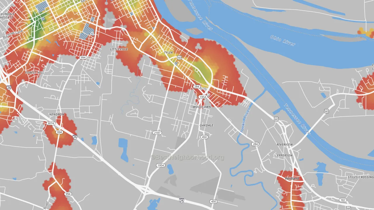 Walk Grade map of Farley, KY, walkable areas in green and car-dependent areas in red