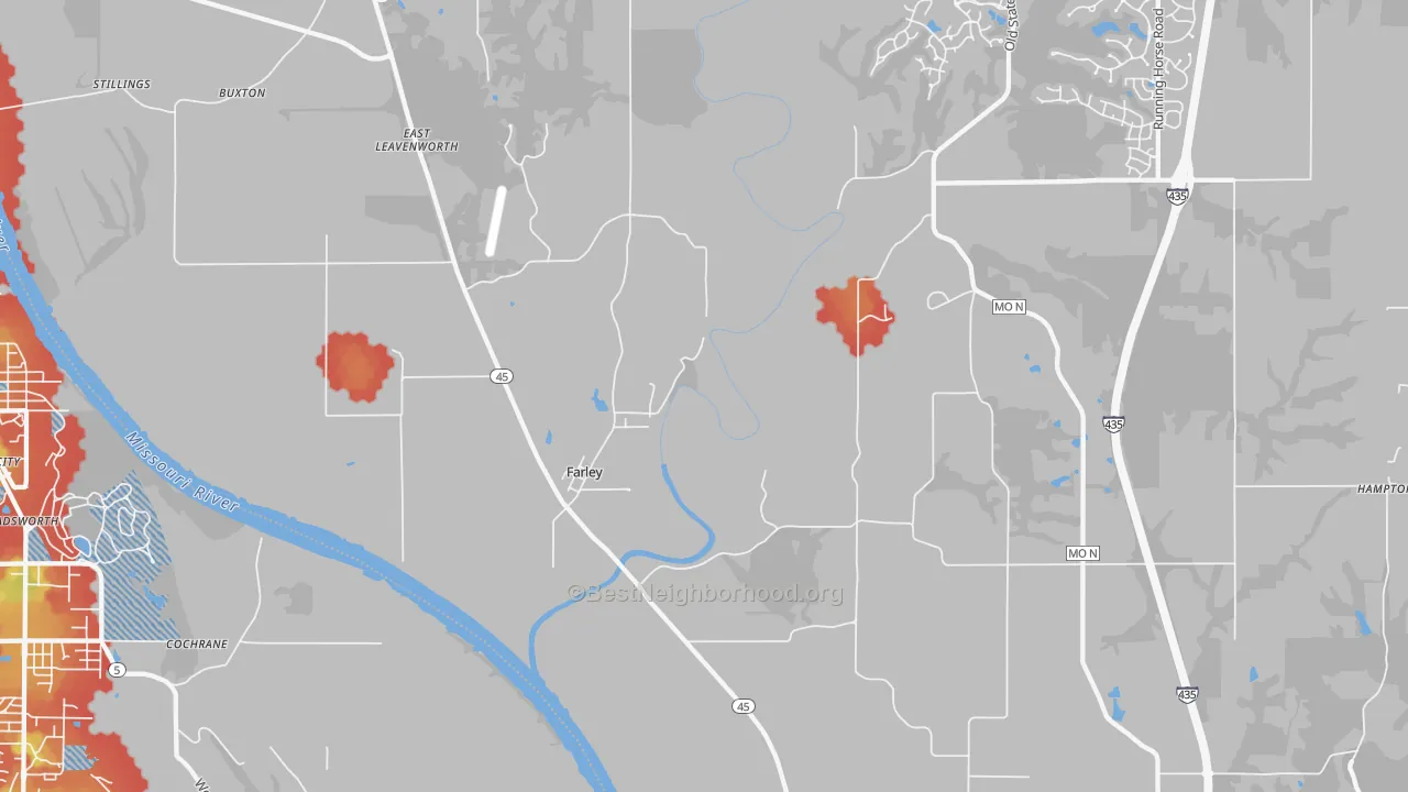 Walk Grade map of Farley, MO, walkable areas in green and car-dependent areas in red