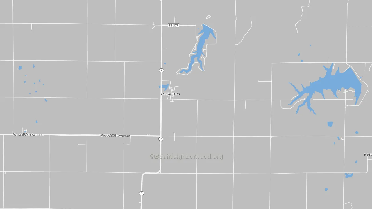 Walk Grade map of Farlington, KS, walkable areas in green and car-dependent areas in red