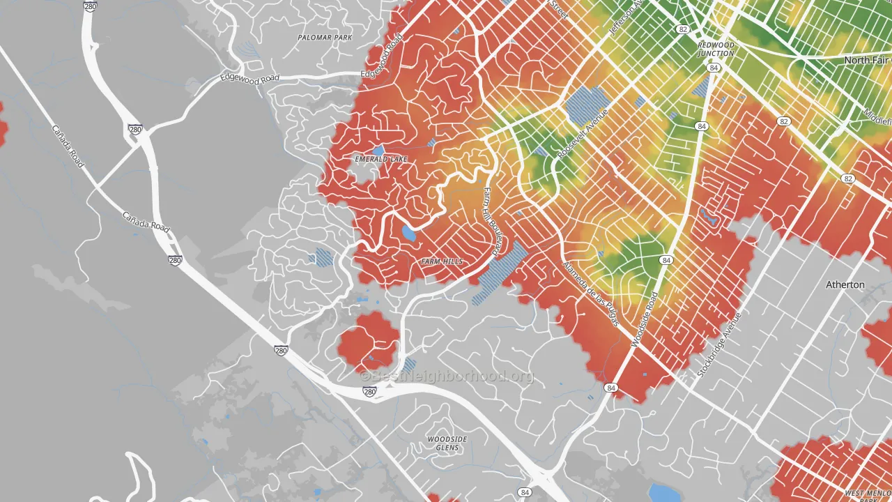 Walk Grade map of Farm Hills, Redwood City, CA, walkable areas in green and car-dependent areas in red