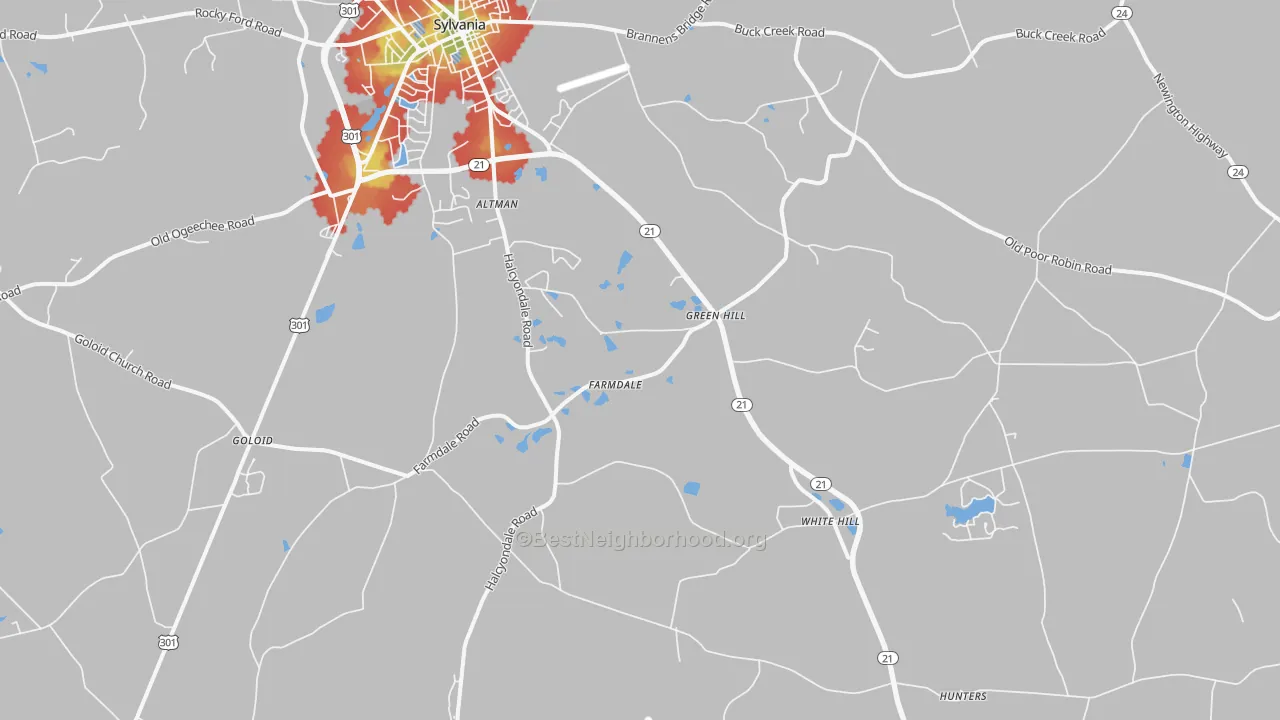 Walk Grade map of Farmdale, GA, walkable areas in green and car-dependent areas in red