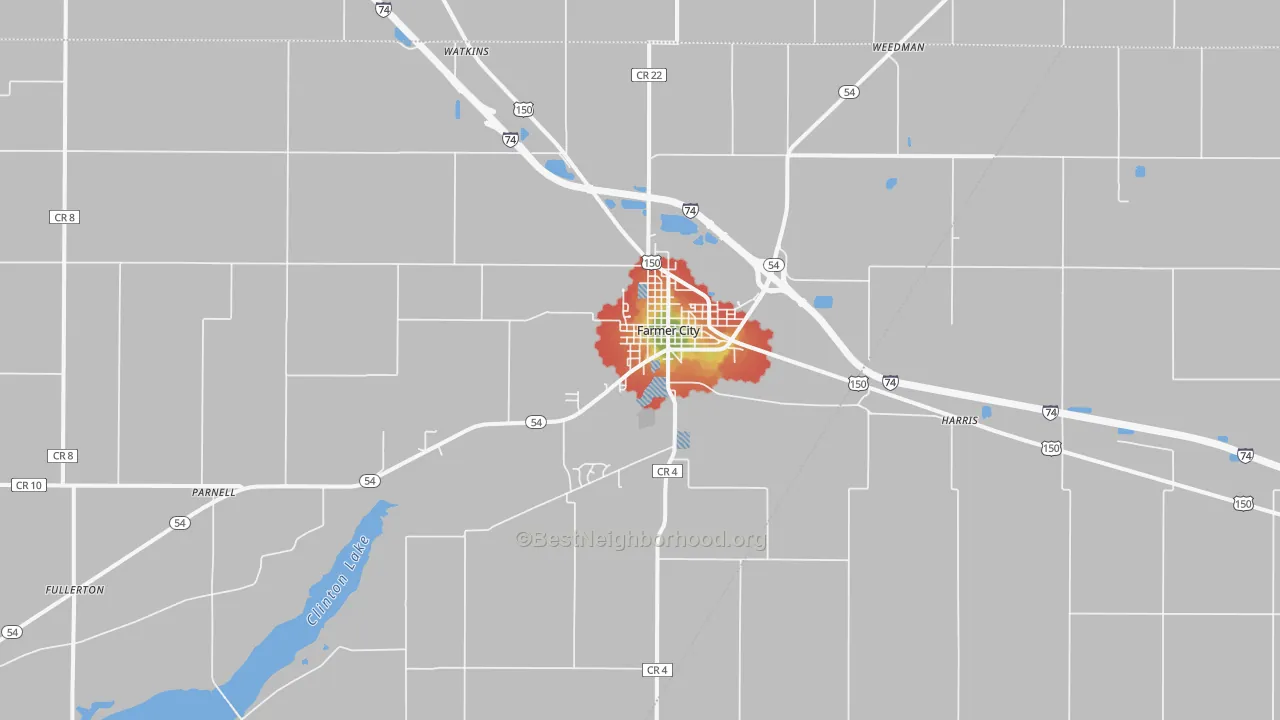 Walk Grade map of Farmer City, IL, walkable areas in green and car-dependent areas in red