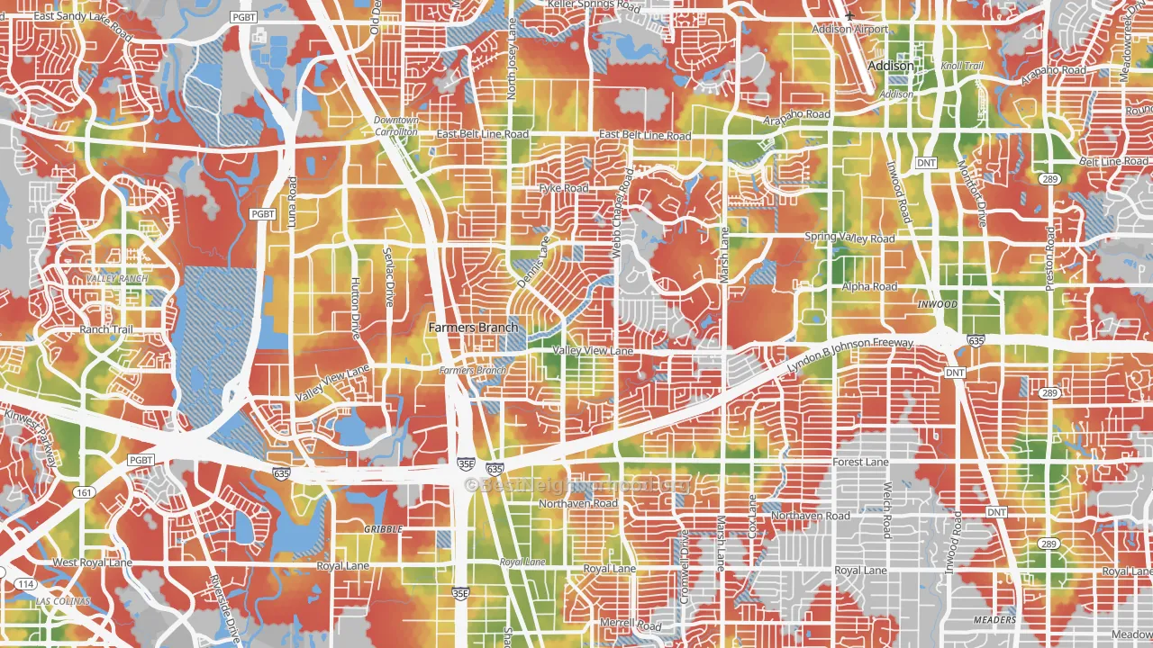 Walk Grade map of Farmers Branch, TX, walkable areas in green and car-dependent areas in red