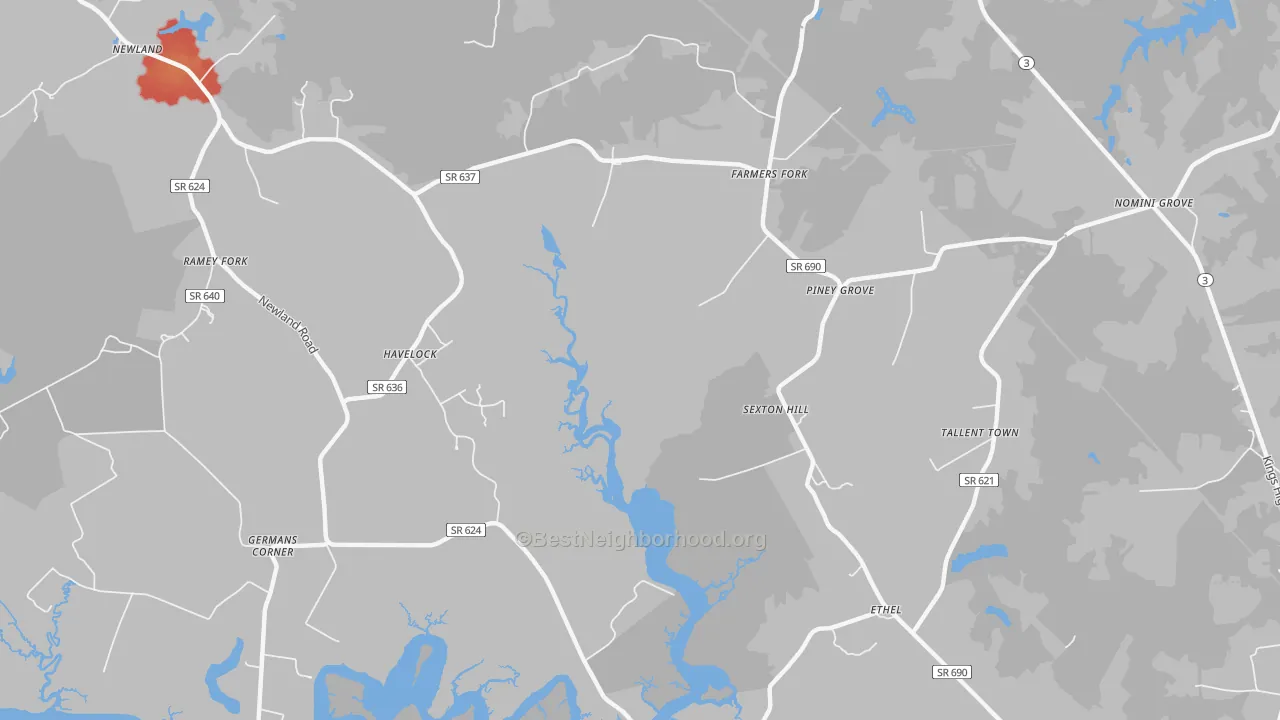 Walk Grade map of Farmers Fork, VA, walkable areas in green and car-dependent areas in red