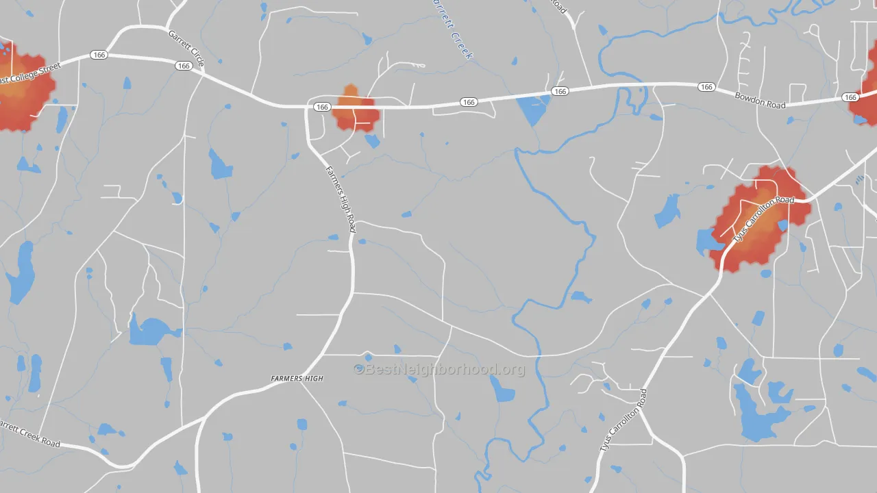 Walk Grade map of Farmers High, GA, walkable areas in green and car-dependent areas in red
