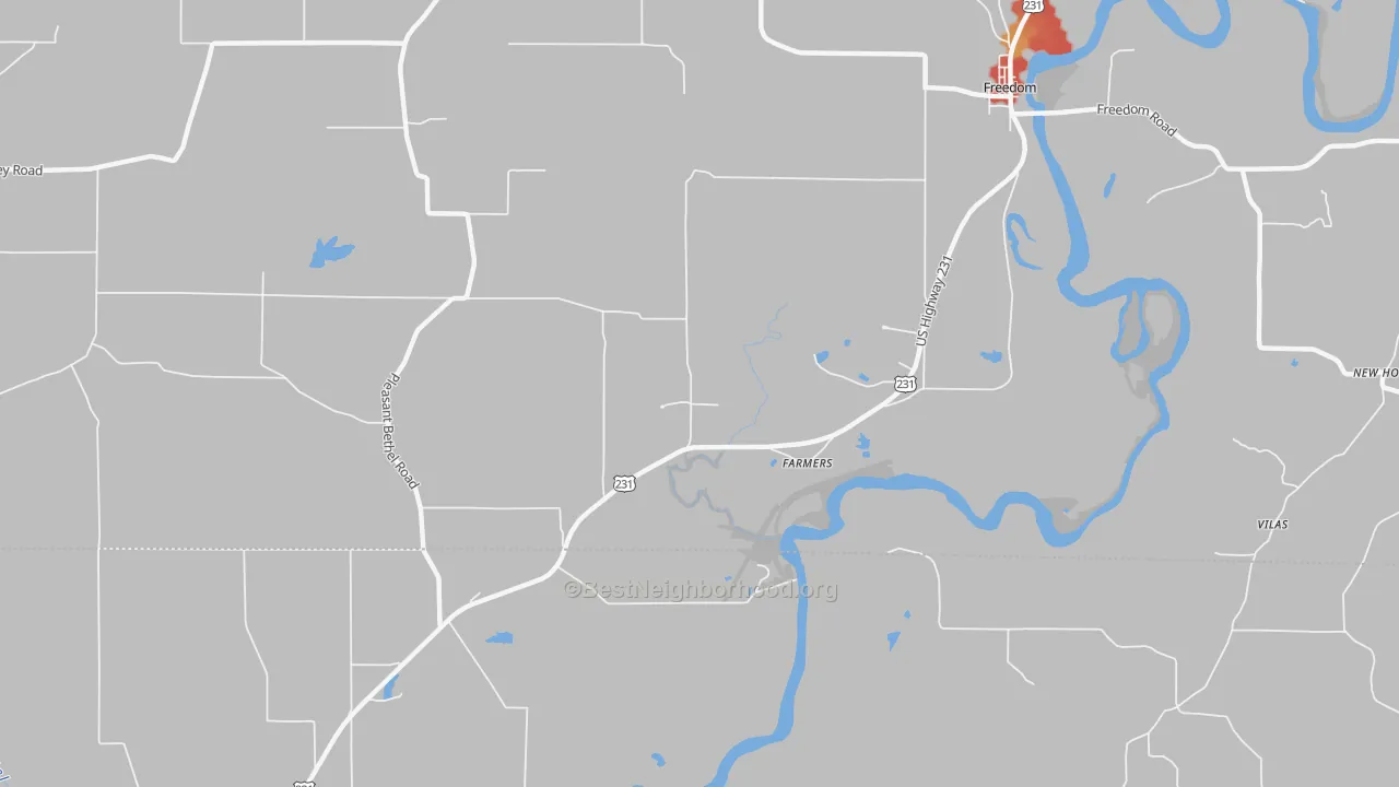 Walk Grade map of Farmers, IN, walkable areas in green and car-dependent areas in red