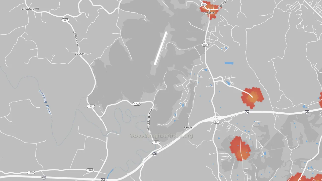 Walk Grade map of Farmers, KY, walkable areas in green and car-dependent areas in red