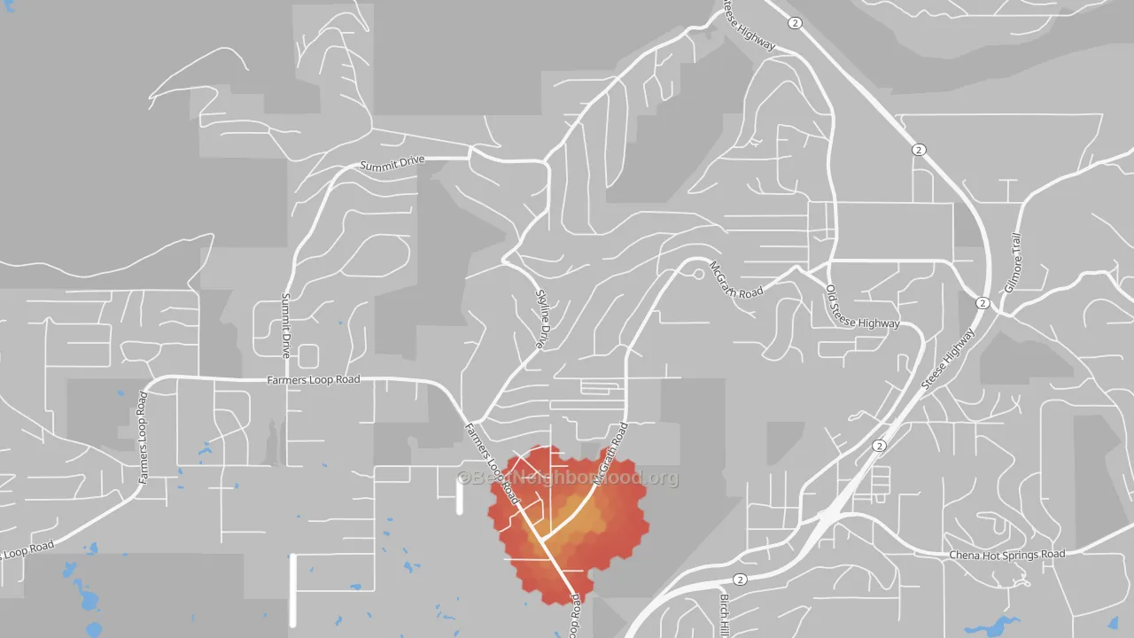 Walk Grade map of Farmers Loop, AK, walkable areas in green and car-dependent areas in red