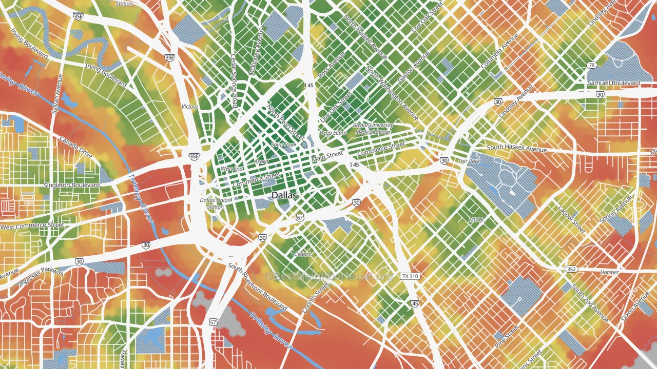 Walk Grade map of Farmers Market District, Dallas, TX, walkable areas in green and car-dependent areas in red