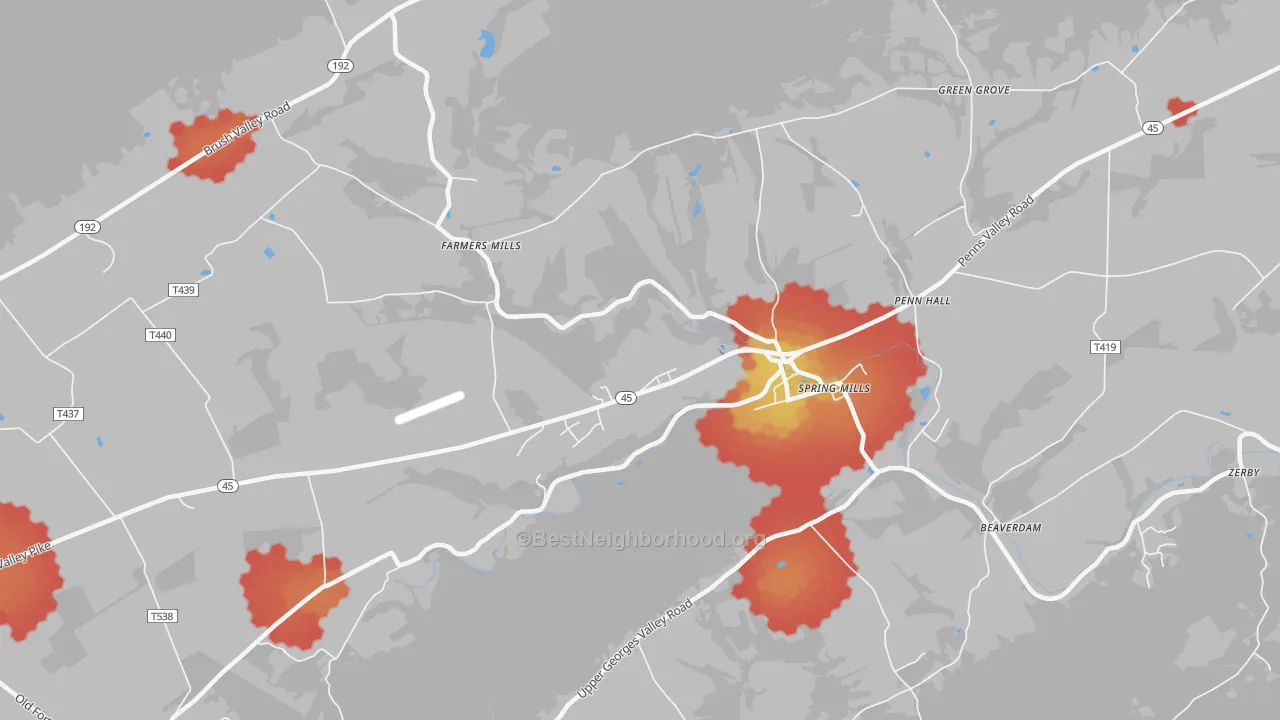 Walk Grade map of Farmers Mills, PA, walkable areas in green and car-dependent areas in red