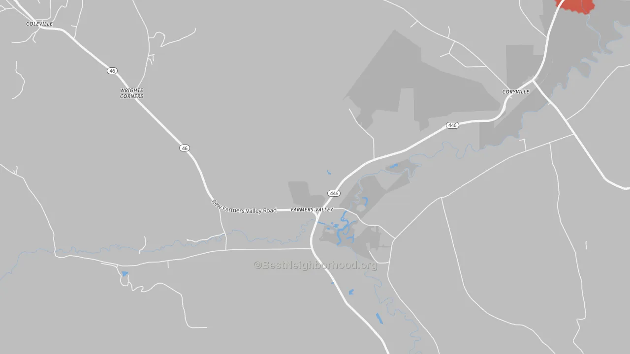 Walk Grade map of Farmers Valley, PA, walkable areas in green and car-dependent areas in red