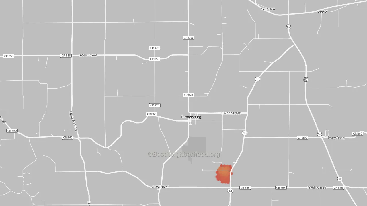 Walk Grade map of Farmersburg, IA, walkable areas in green and car-dependent areas in red