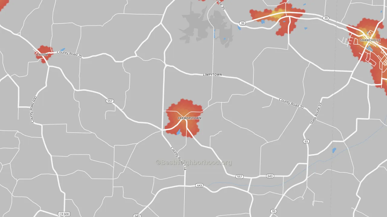 Walk Grade map of Farmerstown, OH, walkable areas in green and car-dependent areas in red