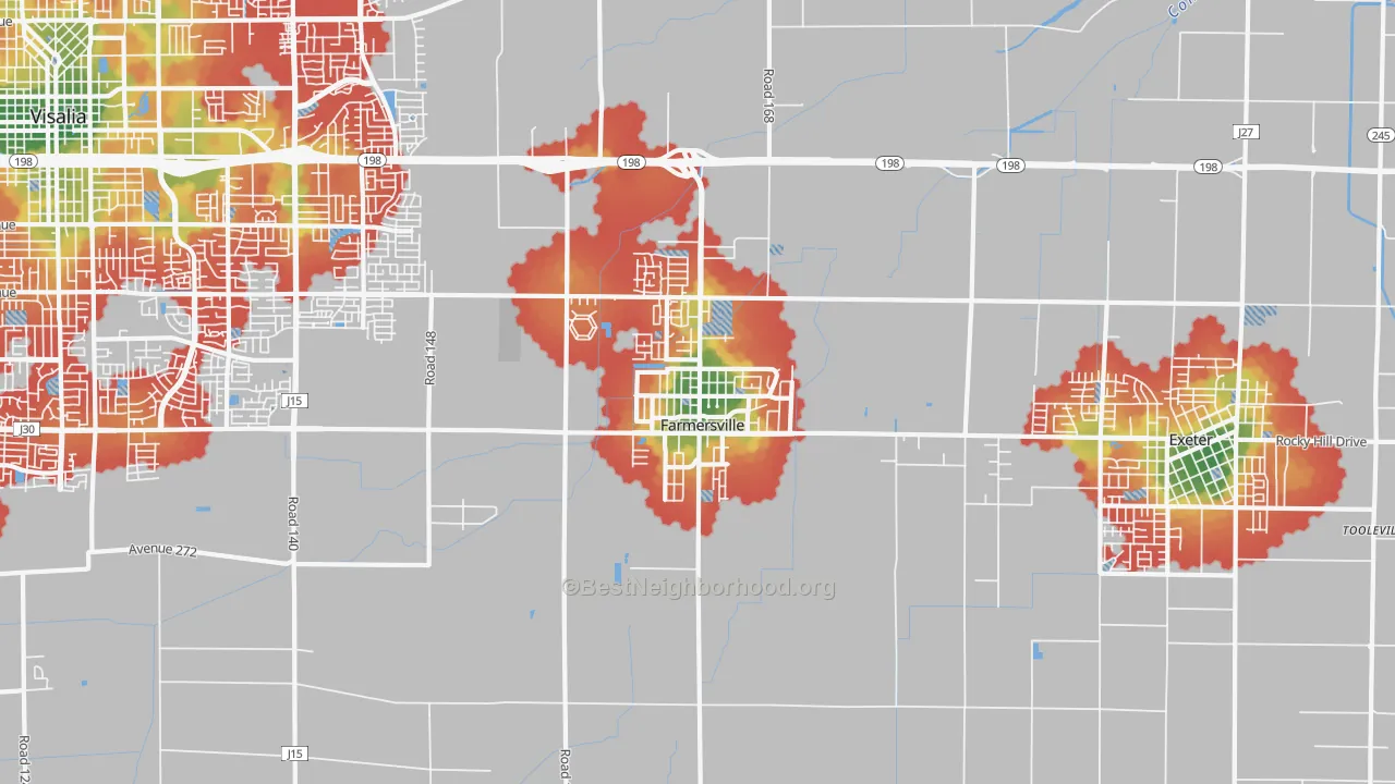 Walk Grade map of Farmersville, CA, walkable areas in green and car-dependent areas in red