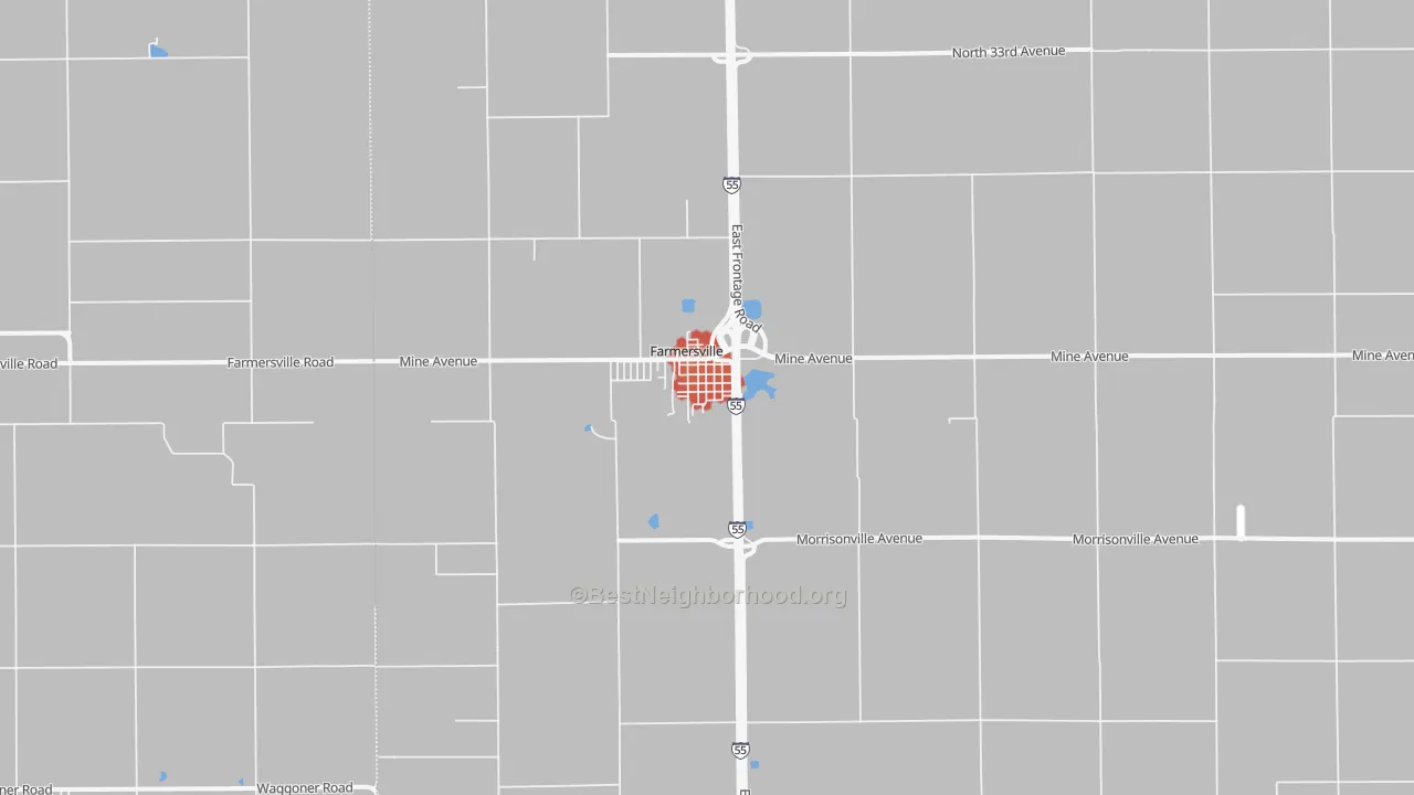 Walk Grade map of Farmersville, IL, walkable areas in green and car-dependent areas in red