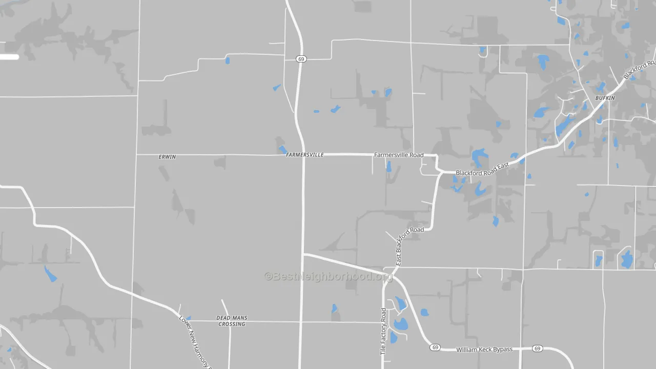 Walk Grade map of Farmersville, IN, walkable areas in green and car-dependent areas in red