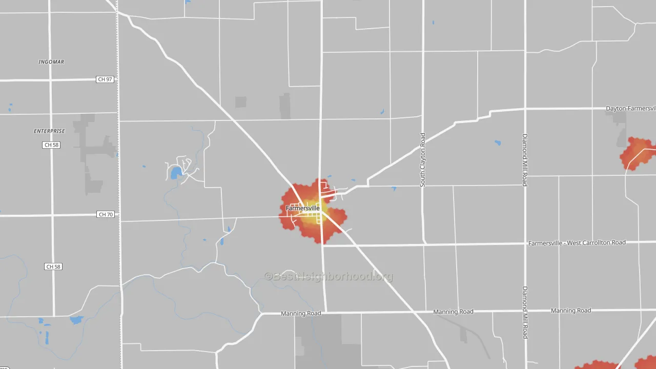 Walk Grade map of Farmersville, OH, walkable areas in green and car-dependent areas in red