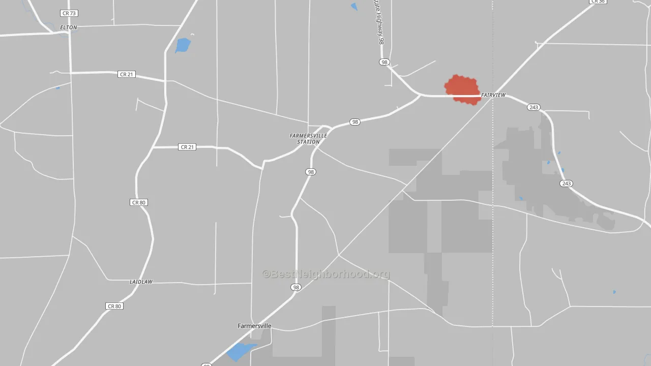 Walk Grade map of Farmersville Station, NY, walkable areas in green and car-dependent areas in red