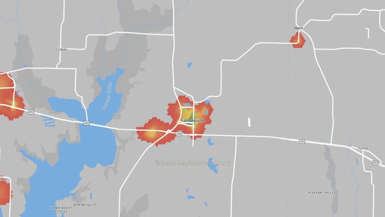 Walk Grade map of Farmersville, TX, walkable areas in green and car-dependent areas in red