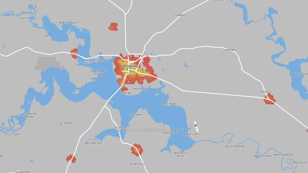 Walk Grade map of Farmerville, LA, walkable areas in green and car-dependent areas in red