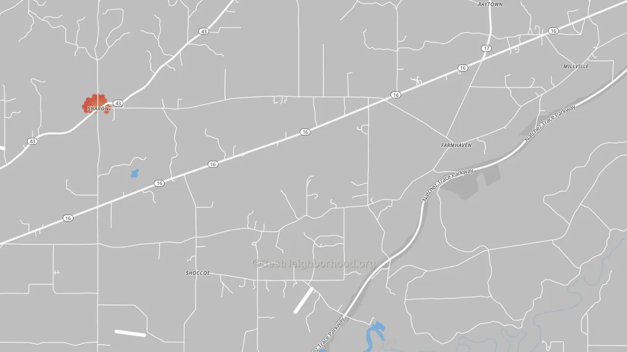 Walk Grade map of Farmhaven, MS, walkable areas in green and car-dependent areas in red