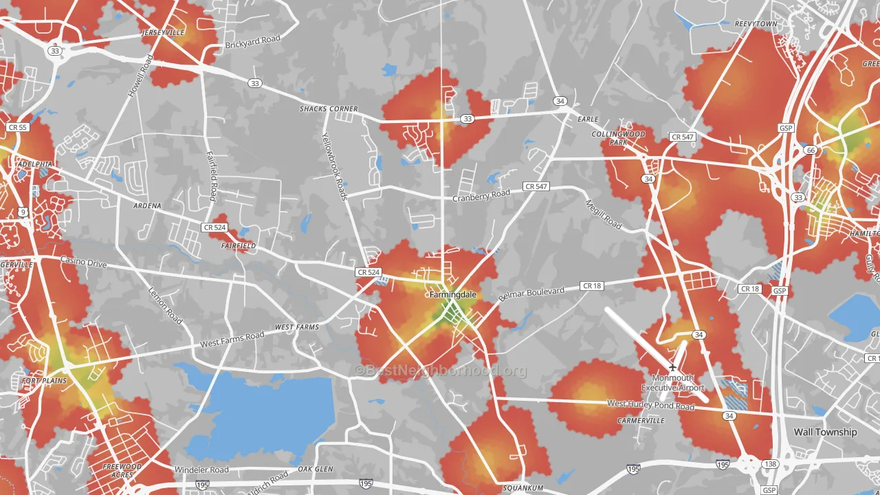 Walk Grade map of Farmingdale, NJ, walkable areas in green and car-dependent areas in red