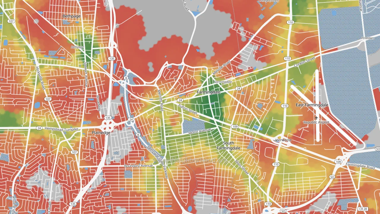 Walk Grade map of Farmingdale, NY, walkable areas in green and car-dependent areas in red