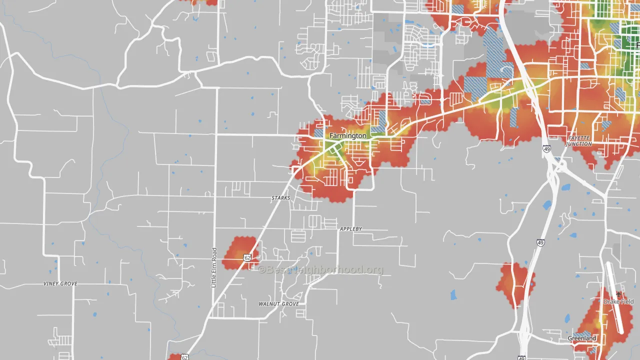Walk Grade map of Farmington, AR, walkable areas in green and car-dependent areas in red
