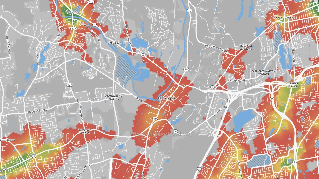 Walk Grade map of Farmington, CT, walkable areas in green and car-dependent areas in red