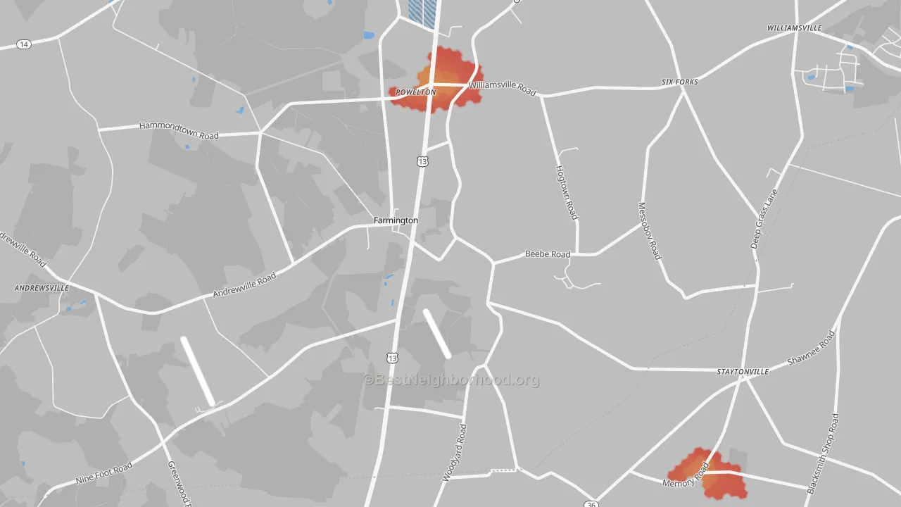 Walk Grade map of Farmington, DE, walkable areas in green and car-dependent areas in red