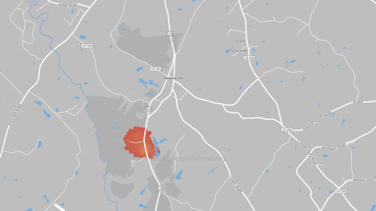 Walk Grade map of Farmington, GA, walkable areas in green and car-dependent areas in red
